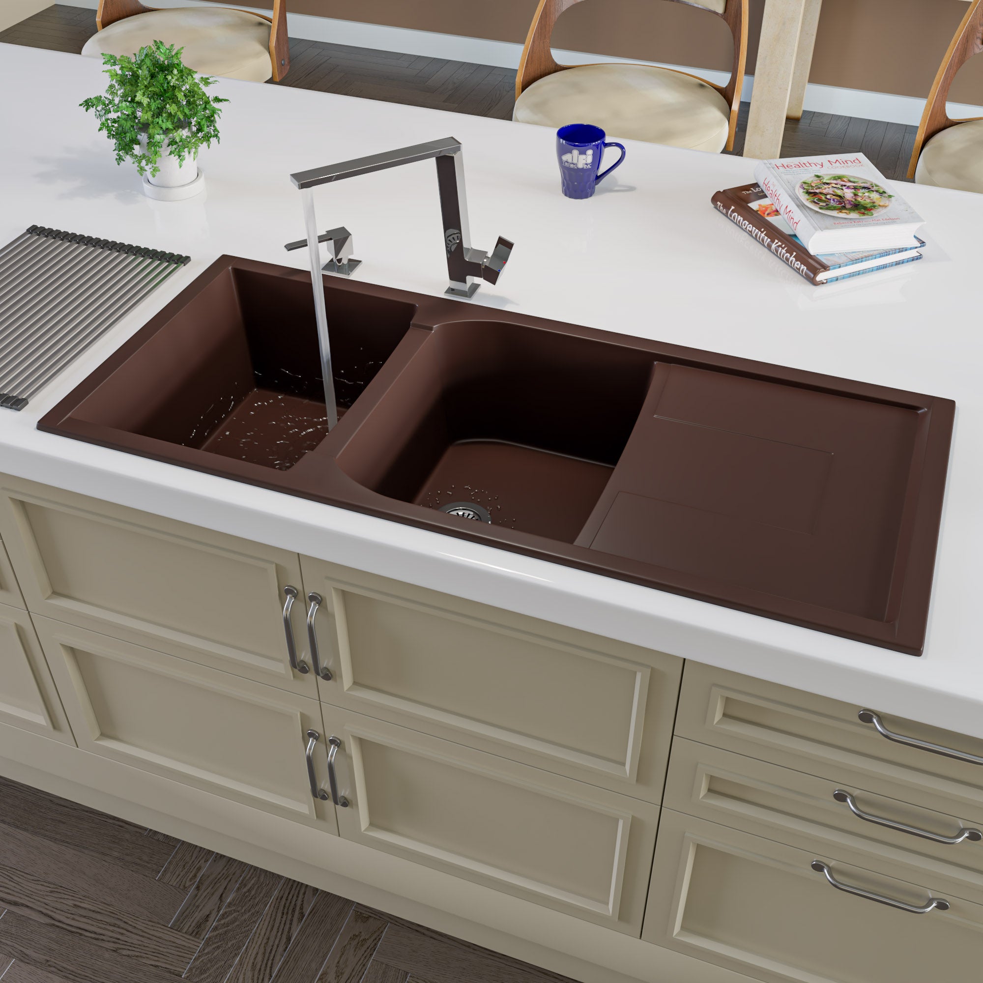 Alternate Image for ALFI brand AB4620DI-C Chocolate 46" Double Bowl Granite Composite Kitchen Sink with Drainboard