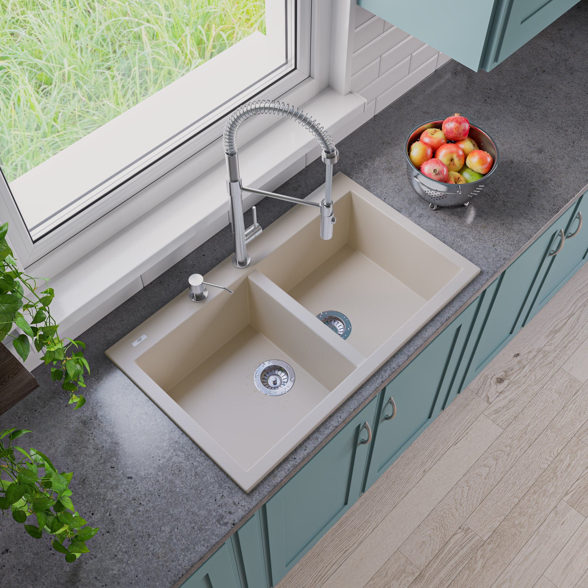 Alternate Image for ALFI Biscuit 34" Drop-In Double Bowl Granite Composite Kitchen Sink, AB3420DI-B