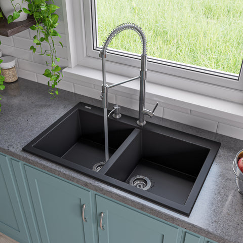 ALFI Black 34" Drop-In Double Bowl Granite Composite Kitchen Sink, AB3420DI-BLA