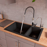 ALFI Black 34" Double Bowl Drop In Granite Composite Kitchen Sink, AB3319DI-BLA