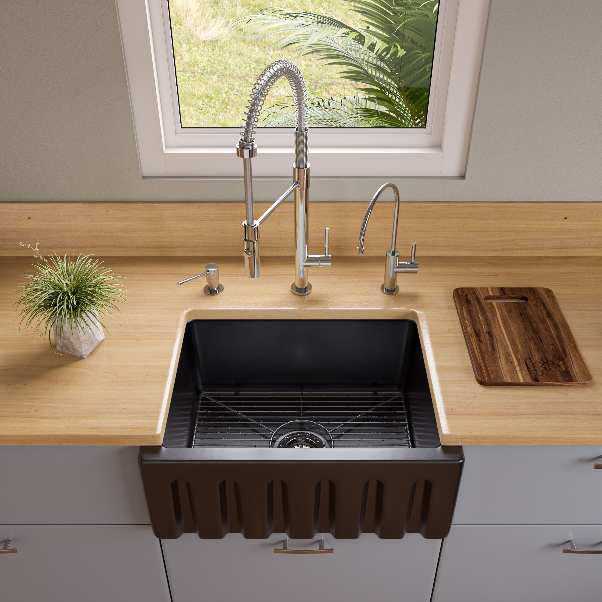 ALFI 24" Single Bowl Fireclay Farmhouse Apron Sink, Black Gloss, Reversible, AB2418HS-BG