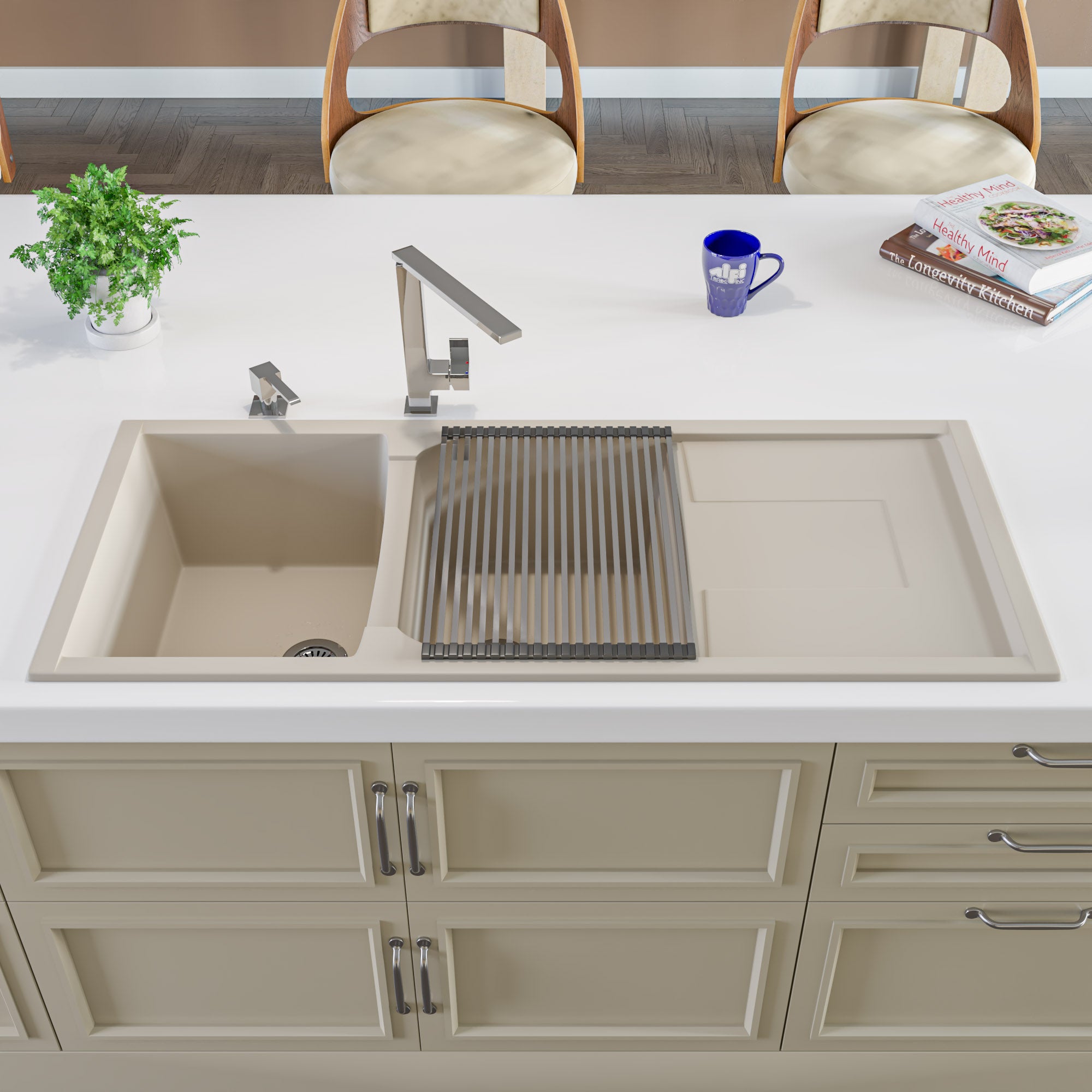 Alternate Image for ALFI 46" Double Bowl Granite Composite Kitchen Sink with Drainboard, Biscuit, AB4620DI-B