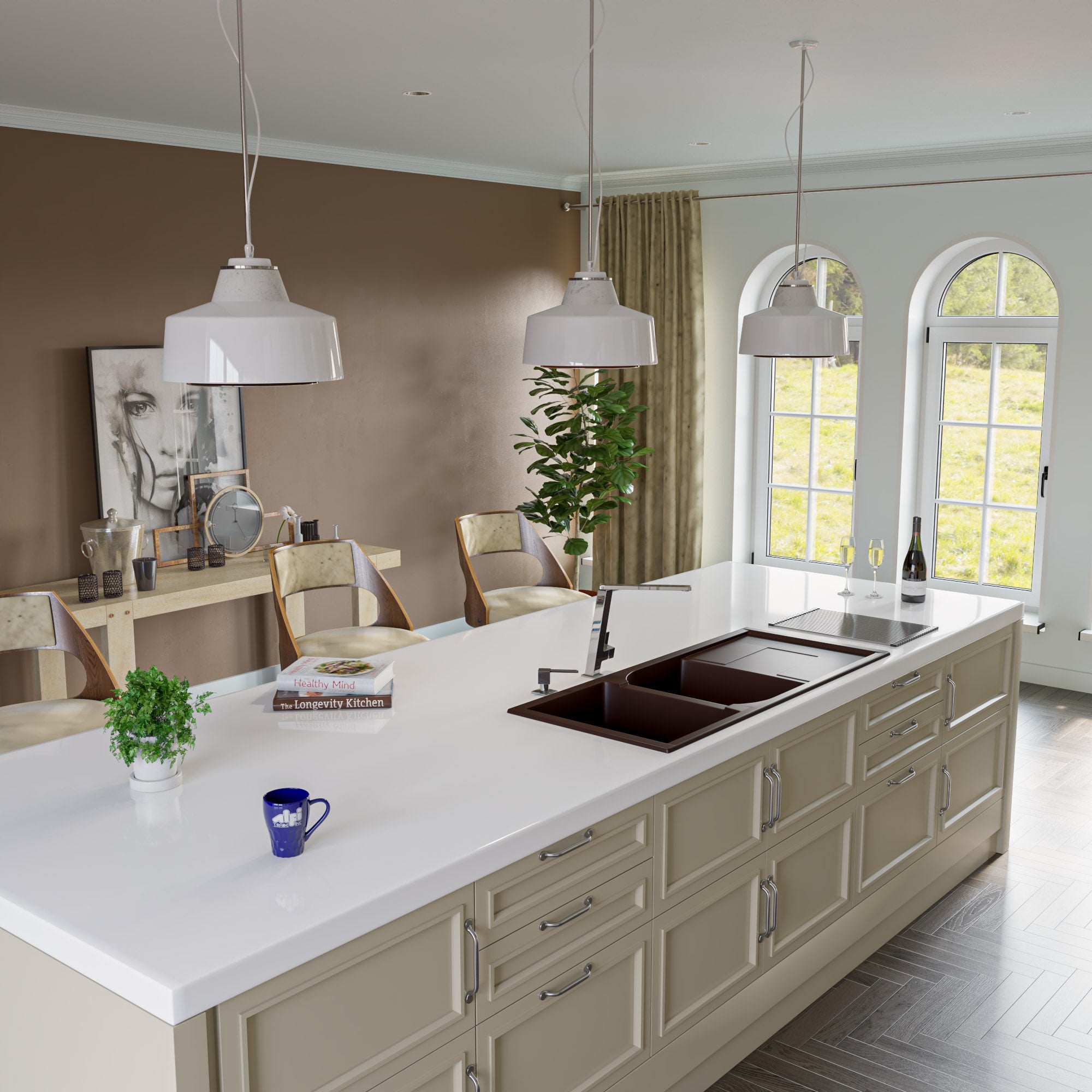 Alternate Image for ALFI brand AB4620DI-C Chocolate 46" Double Bowl Granite Composite Kitchen Sink with Drainboard