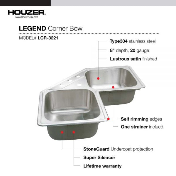 Houzer 32" Stainless Steel Topmount Legend Corner Bowl Kitchen Sink, LCR-3221-1 - The Sink Boutique