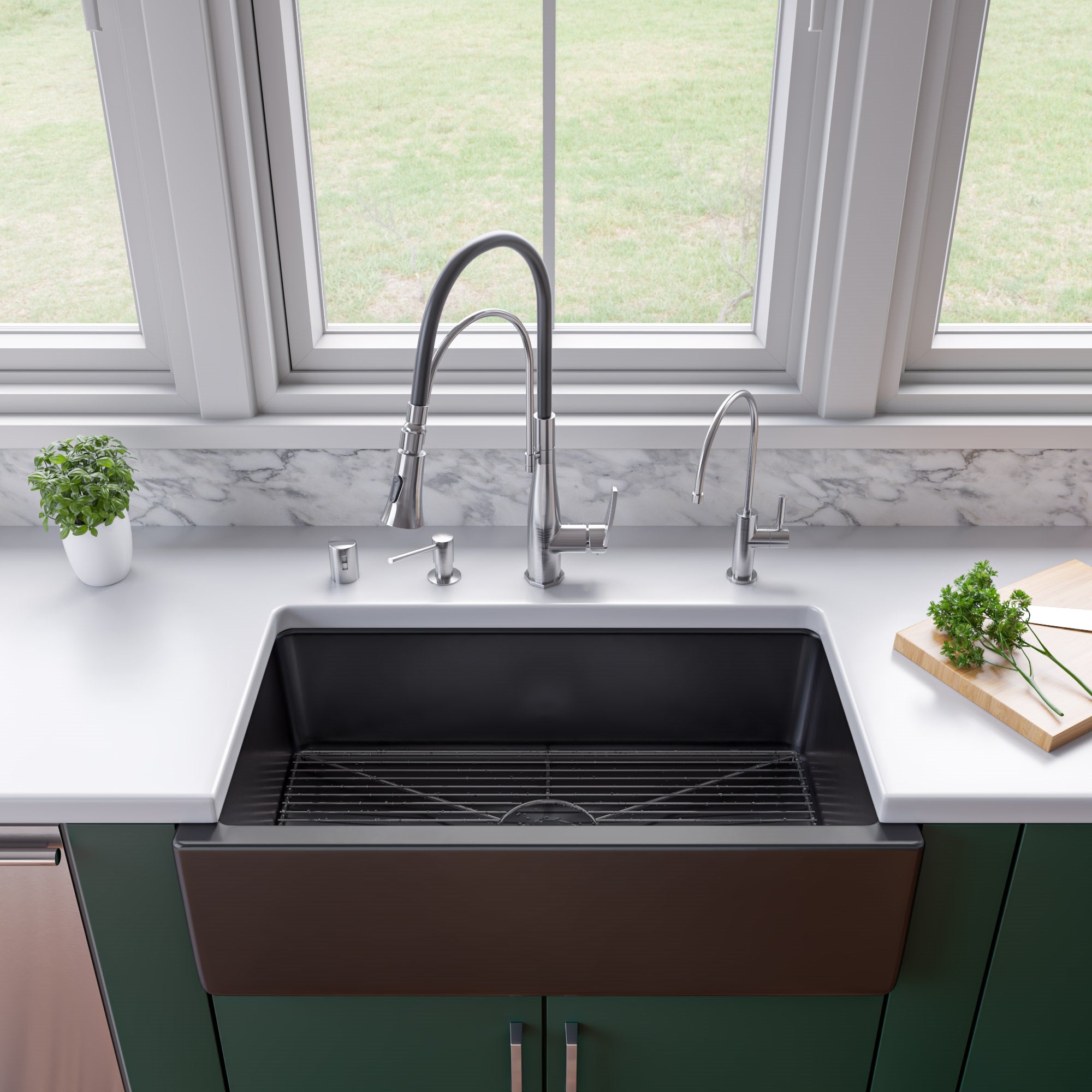 ALFI 33" Fireclay Farmhouse Kitchen Sink, Single Bowl, Reversible, Black Gloss, AB3318HS-BG