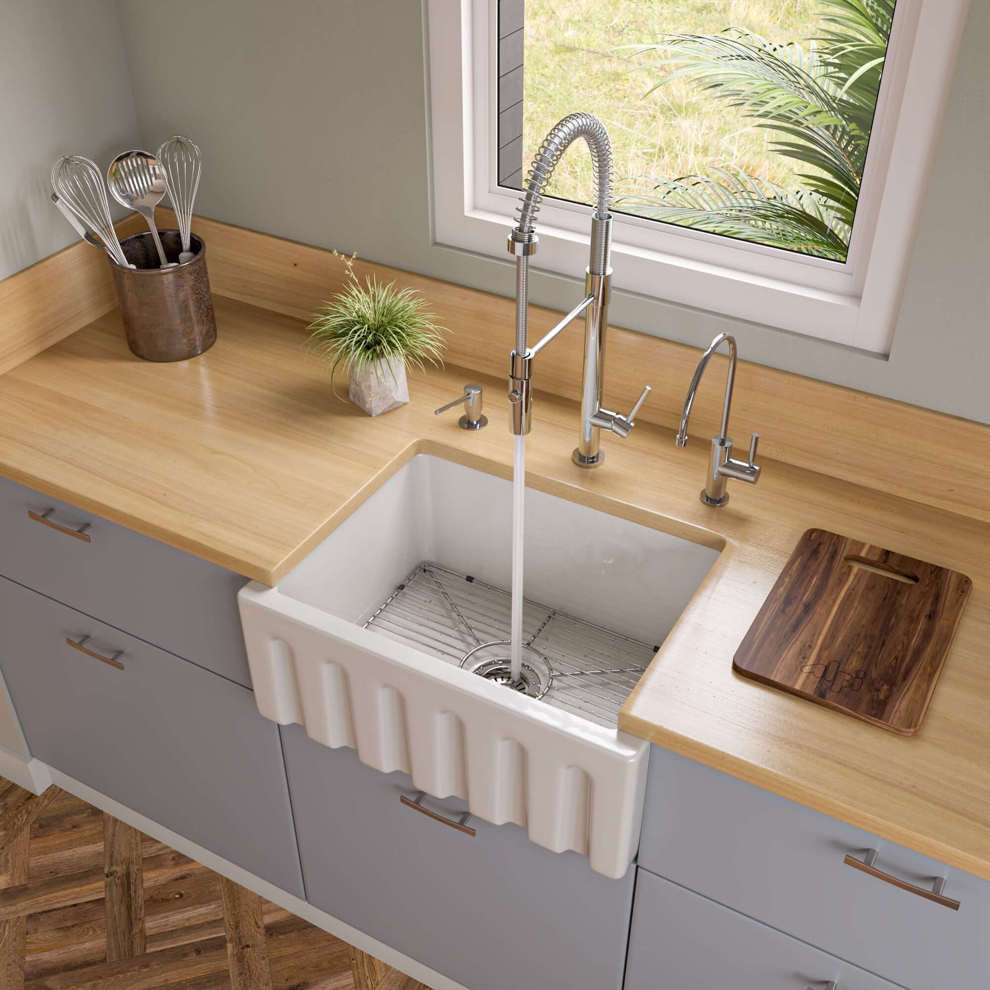 ALFI 24" Single Bowl Fireclay Farmhouse Apron Sink, White, Reversible, AB2418HS-W