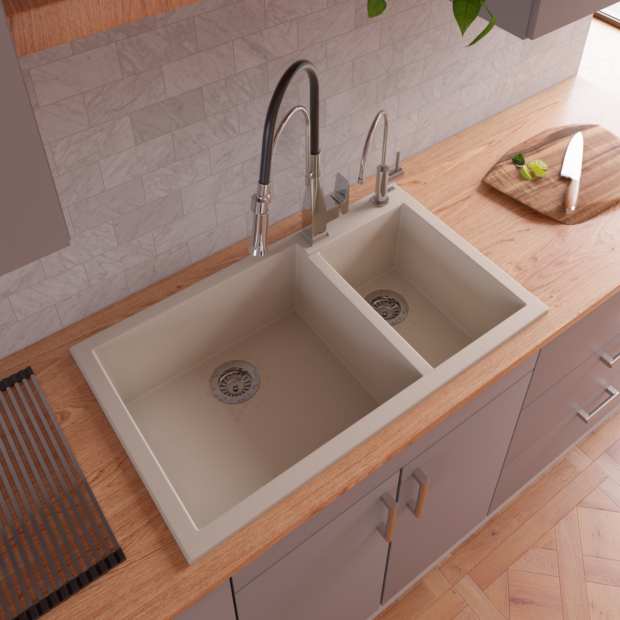 ALFI Biscuit 34" Double Bowl Drop In Granite Composite Kitchen Sink, AB3319DI-B