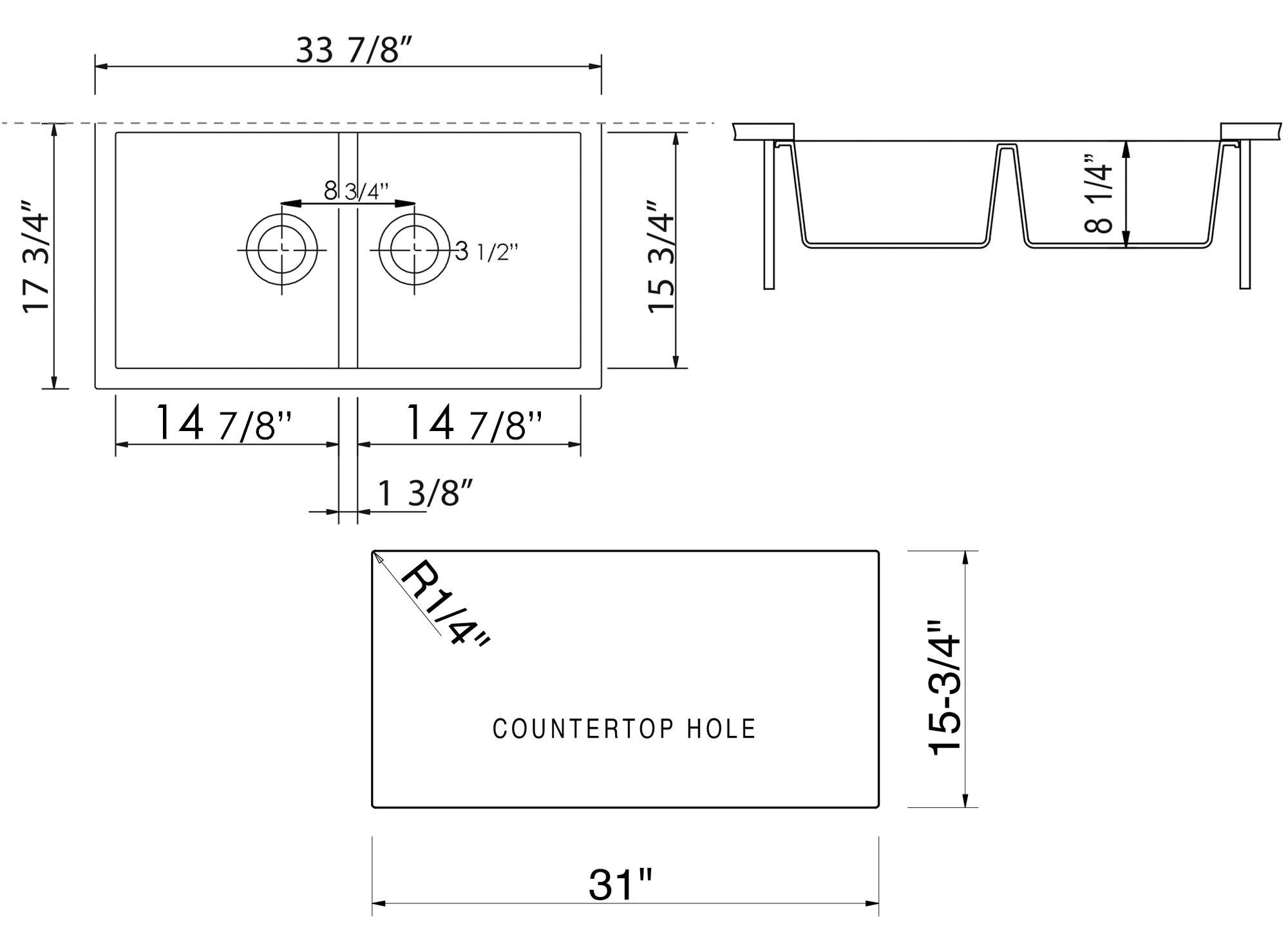 ALFI White 34" Undermount Double Bowl Granite Composite Kitchen Sink, AB3420UM-W