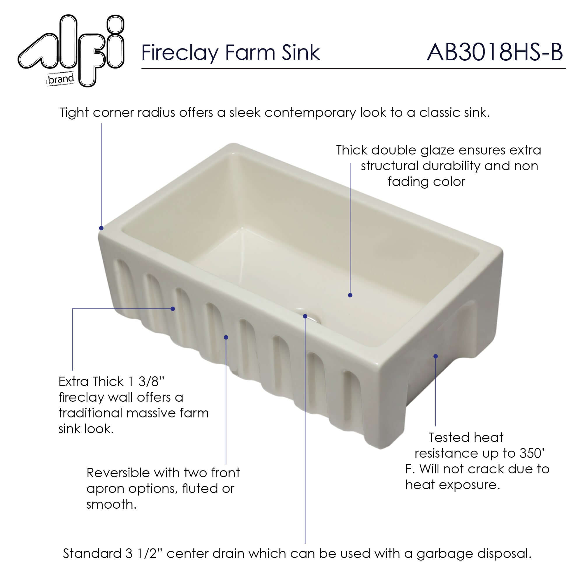 ALFI 30" Single Bowl Fireclay Farmhouse Apron Sink, Biscuit, Reversible, AB3018HS-B
