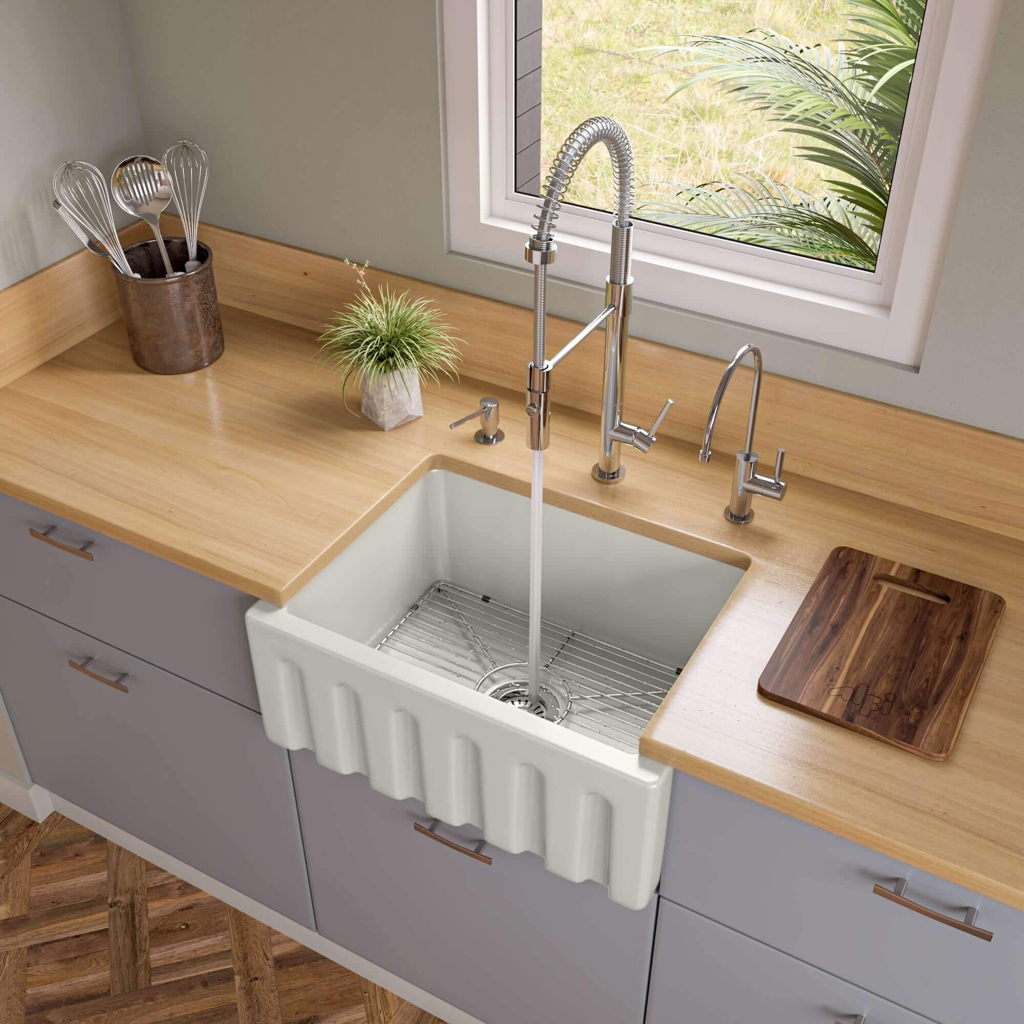 ALFI 24" Single Bowl Fireclay Farmhouse Apron Sink, Biscuit, Reversible - The Sink Boutique