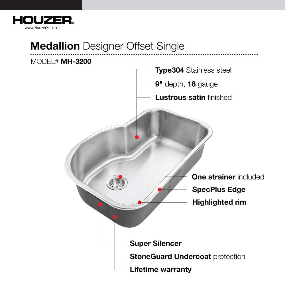 Houzer 32" Stainless Steel Undermount Gourmet Single Bowl Kitchen Sink, MH-3200-1 - The Sink Boutique