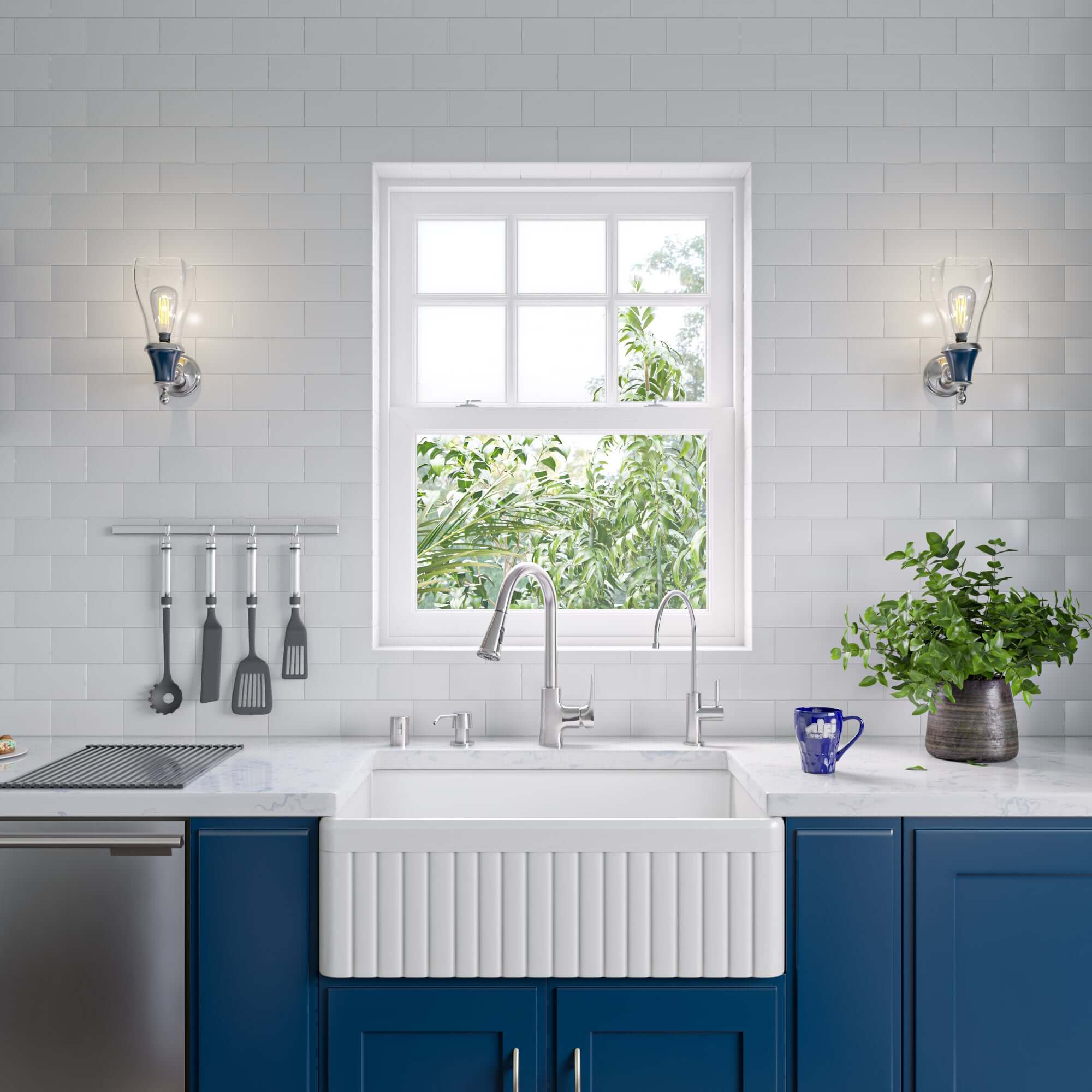 ALFI 30" Fluted Single Bowl Fireclay Farmhouse Apron Sink, White, AB509-W