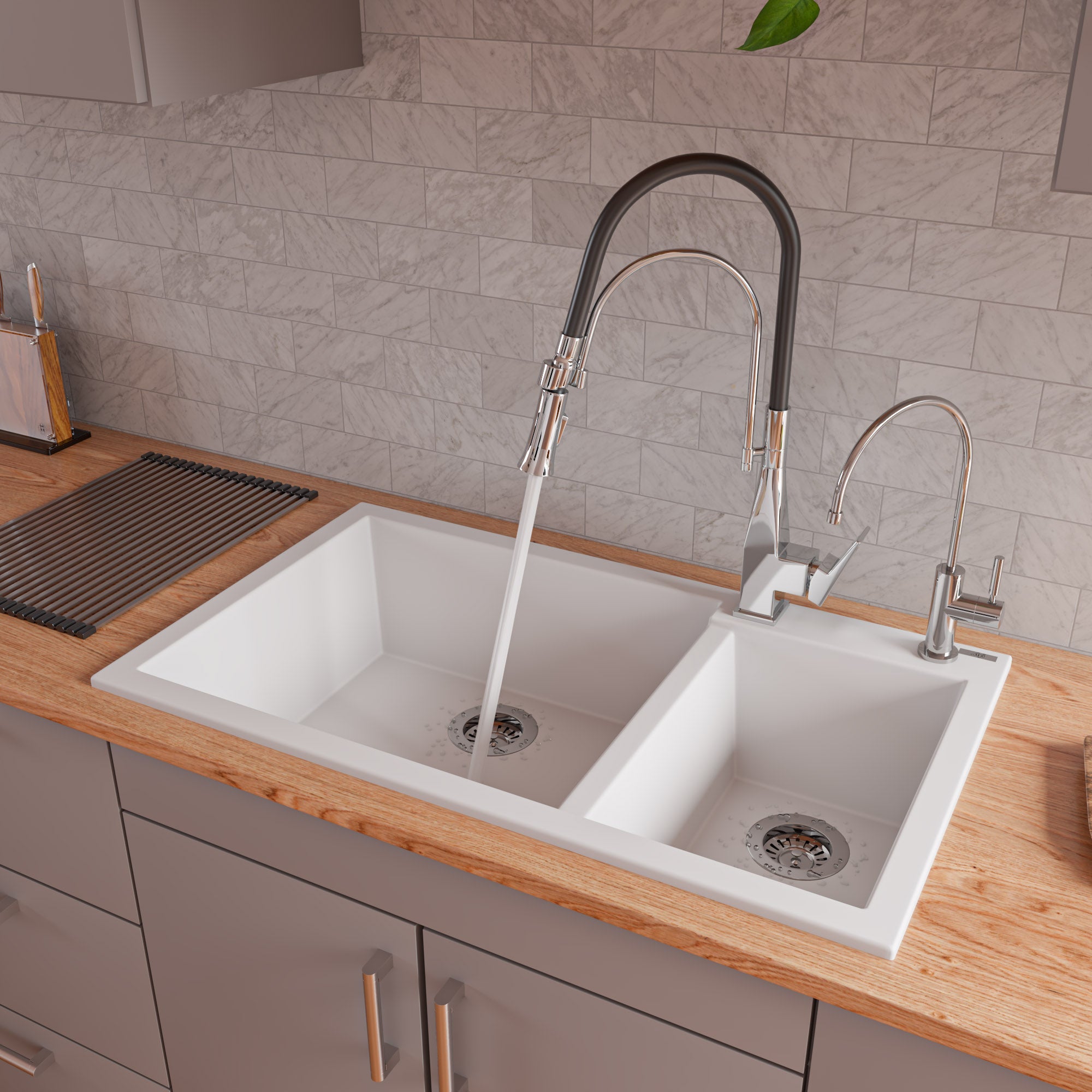ALFI White 34" Double Bowl Drop In Granite Composite Kitchen Sink, AB3319DI-W