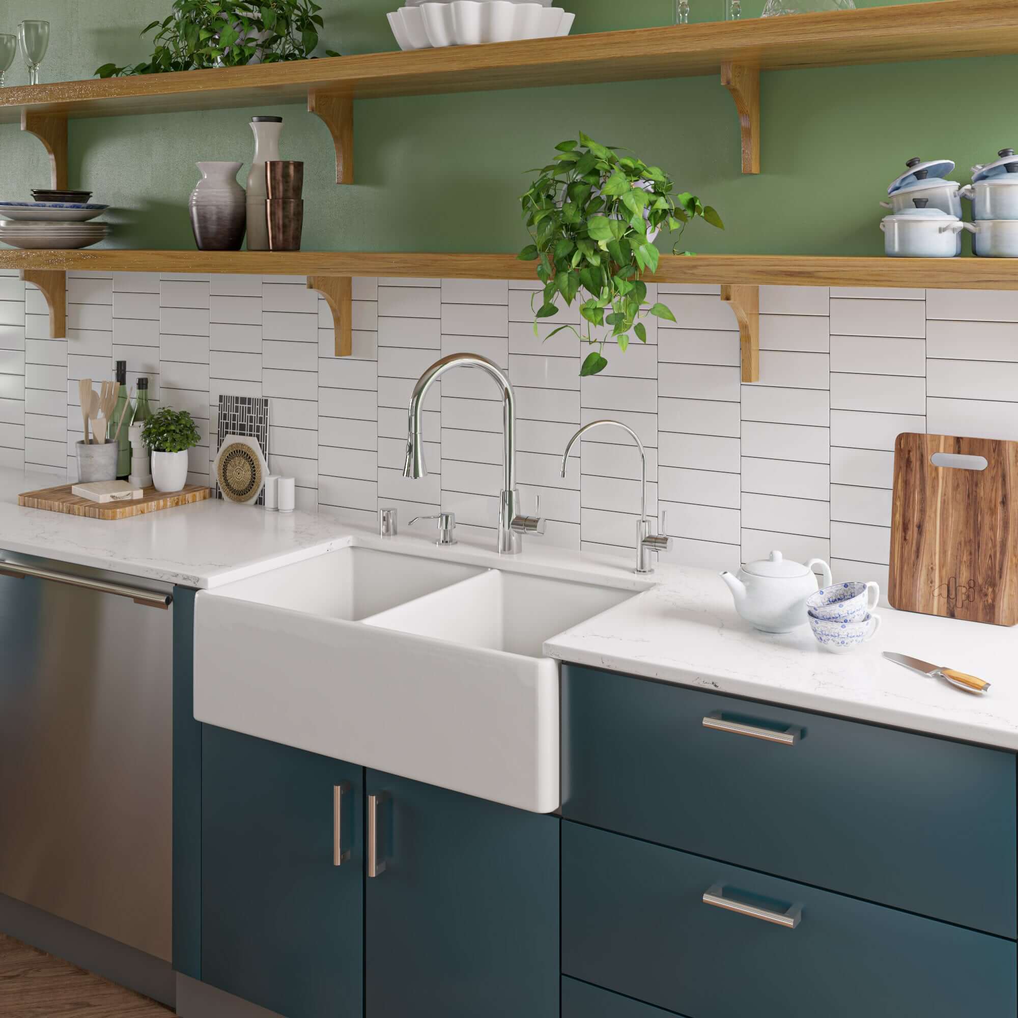 ALFI 32" Double Bowl Fireclay Farmhouse Apron Sink, White, AB538-W