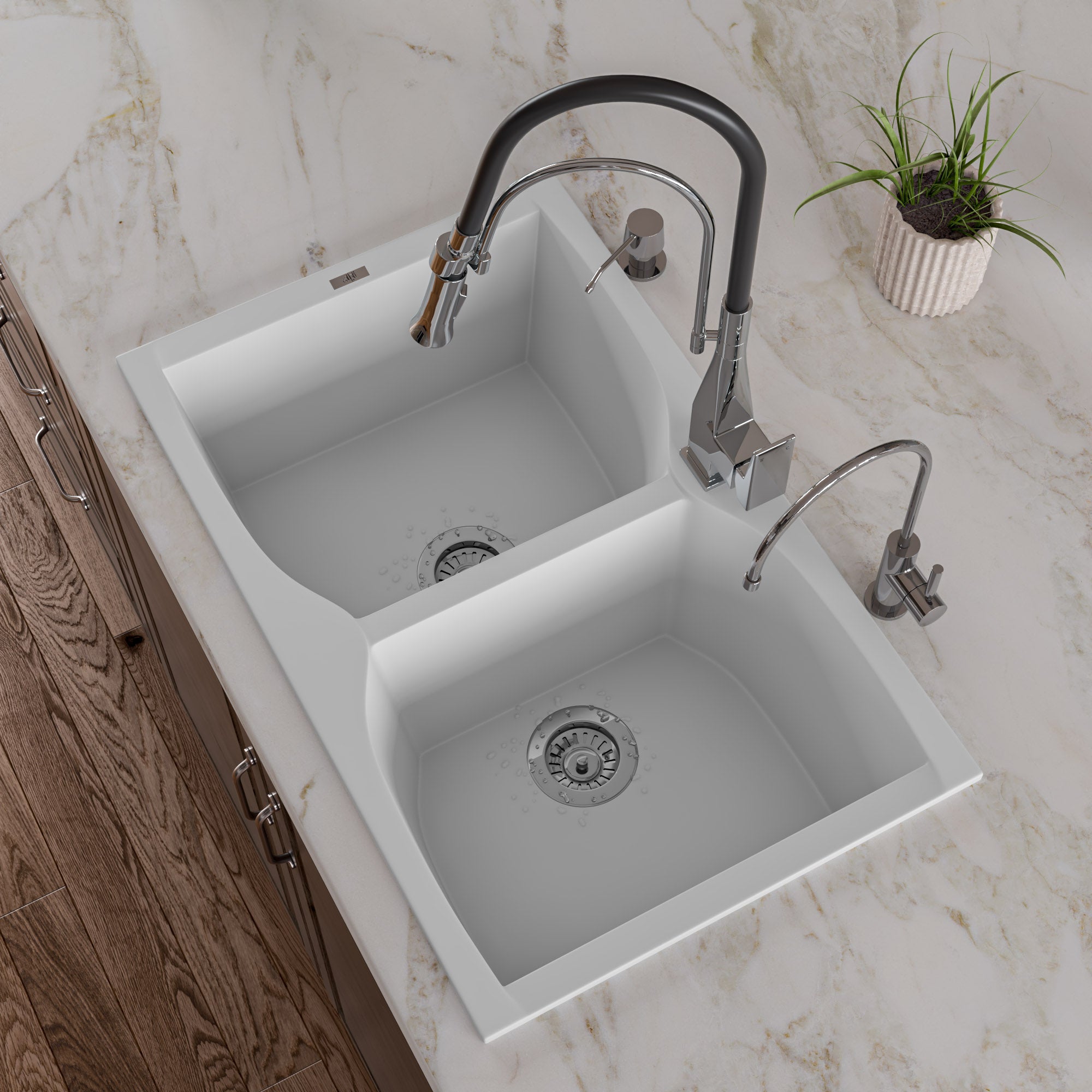 ALFI White 32" Drop-In Double Bowl Granite Composite Kitchen Sink, AB3220DI-W