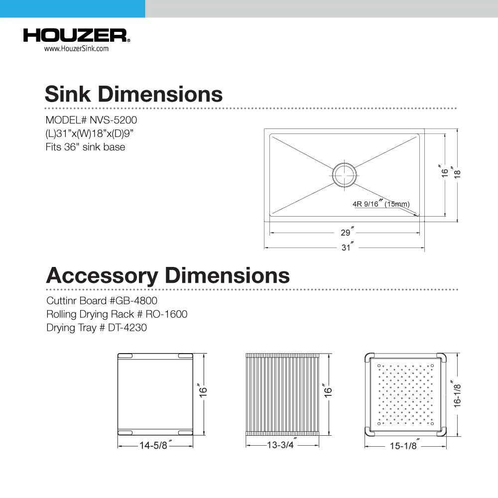 Houzer Novus 32" Stainless Steel Undermount Kitchen Sink, NVS-5200 - The Sink Boutique