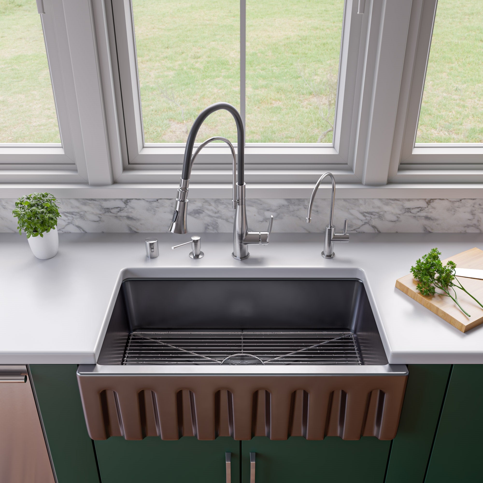 ALFI 33" Fireclay Farmhouse Kitchen Sink, Single Bowl, Reversible, Black Gloss, AB3318HS-BG