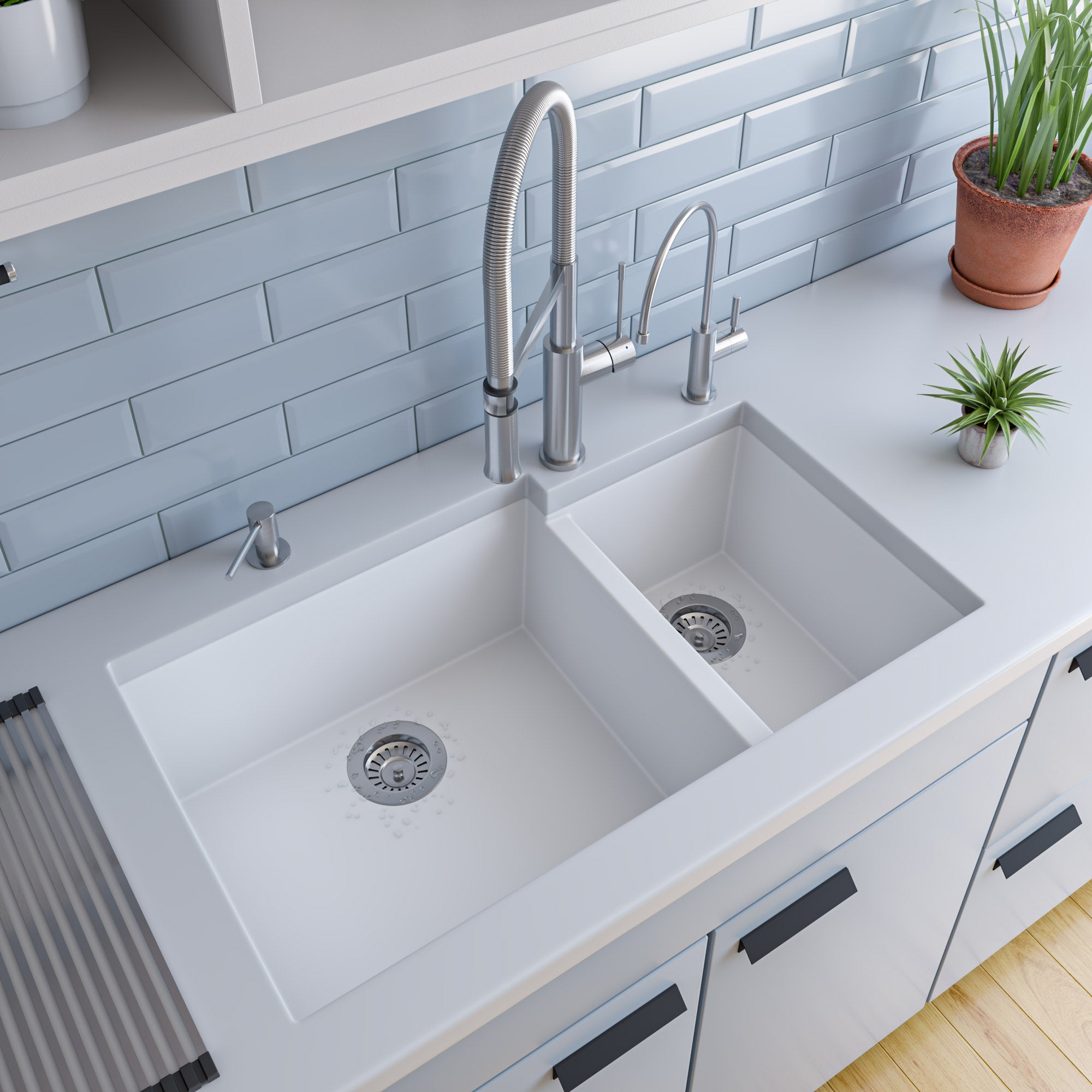 ALFI White 34" Double Bowl Undermount Granite Composite Kitchen Sink, AB3319UM-W