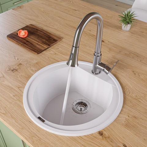 ALFI White 20" Drop-In Round Granite Composite Kitchen Prep Sink, AB2020DI-W