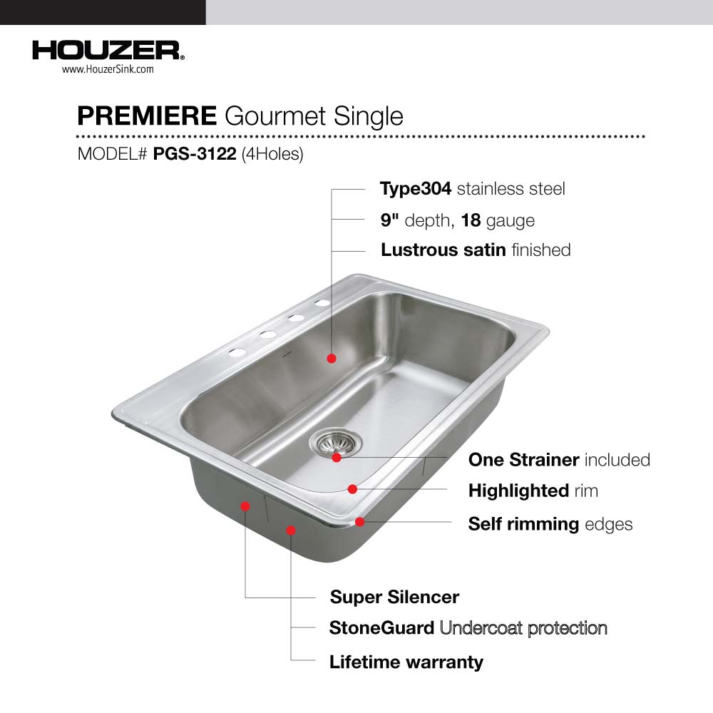 Houzer 33" Stainless Steel Topmount Large Single Bowl Kitchen Sink, PGS-3122-4-1 - The Sink Boutique