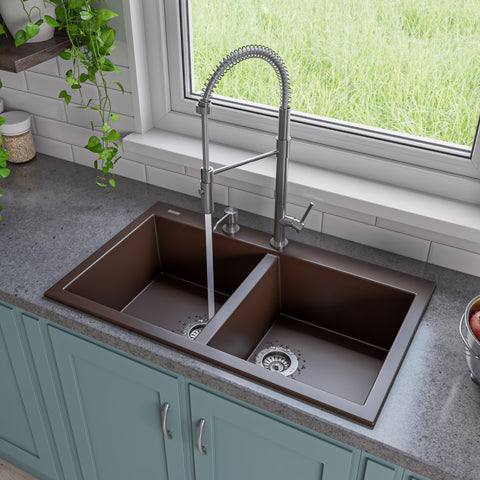 ALFI brand AB3420DI-C Chocolate 34" Drop-In Double Bowl Granite Composite Kitchen Sink