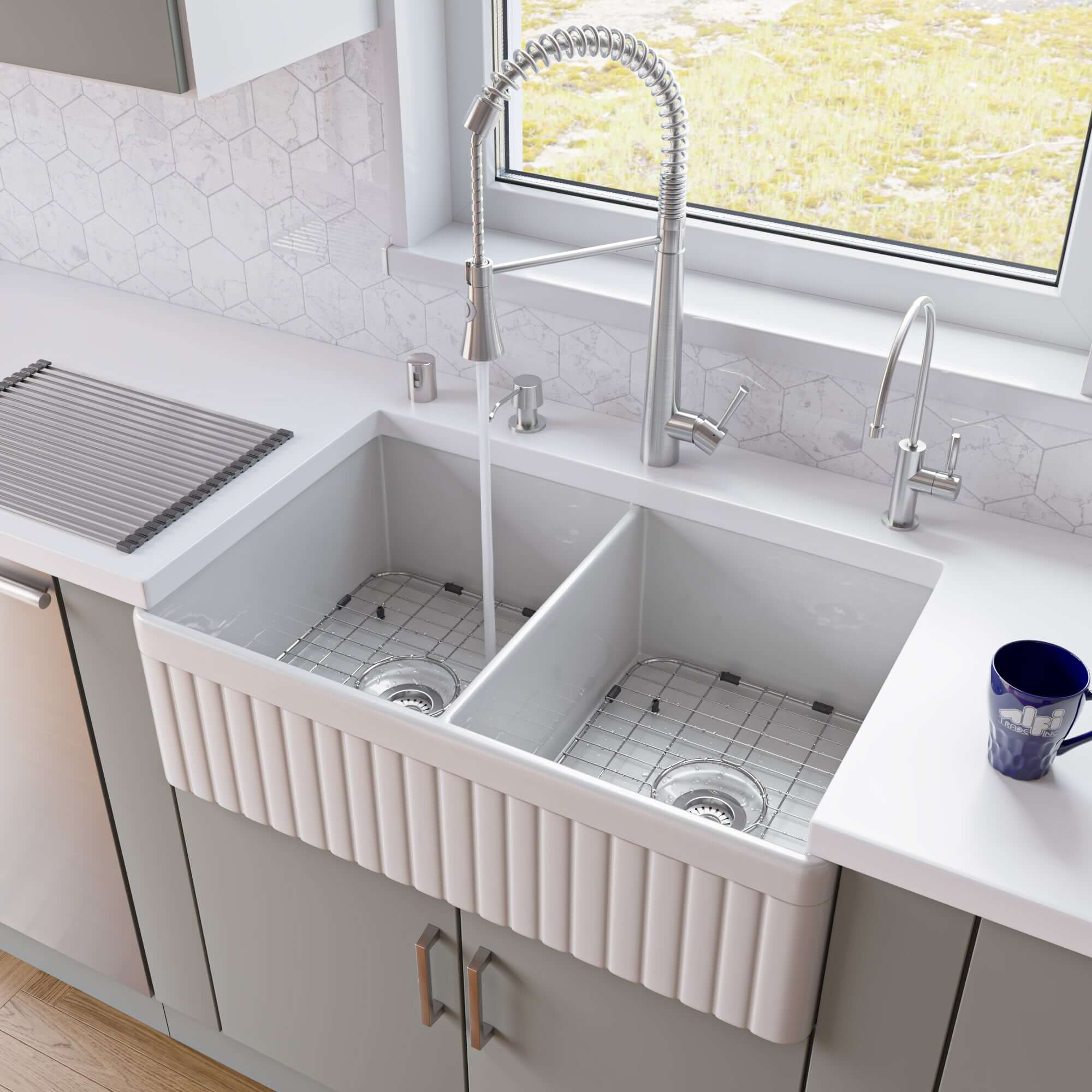 ALFI 32" Fluted Double Bowl Fireclay Farmhouse Apron Sink, White, AB537-W