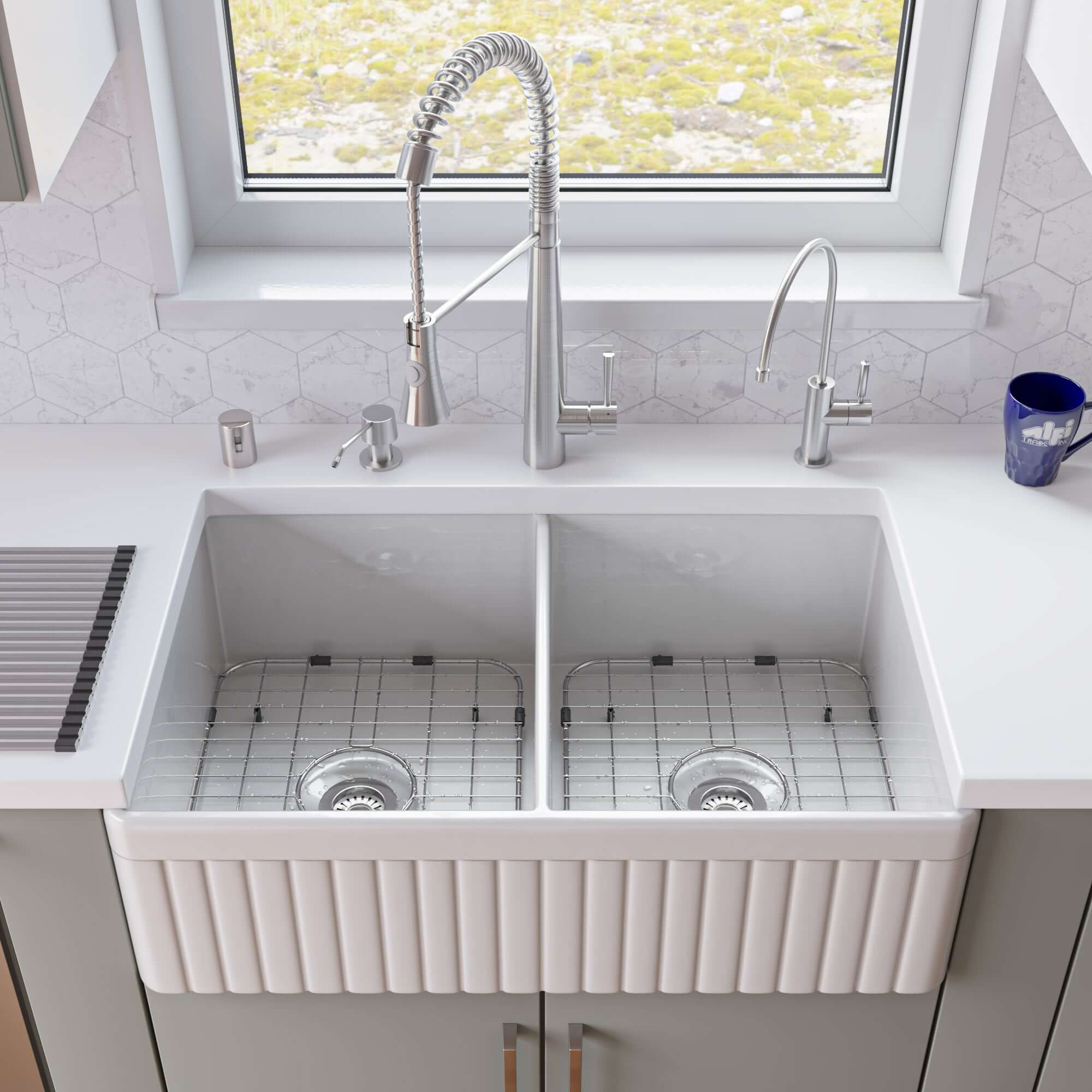 ALFI 32" Fluted Double Bowl Fireclay Farmhouse Apron Sink, White, AB537-W