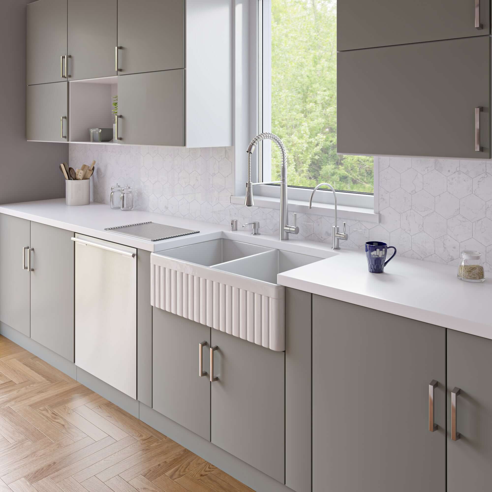 ALFI 32" Fluted Double Bowl Fireclay Farmhouse Apron Sink, White, AB537-W
