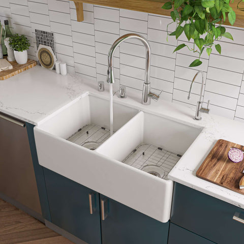 ALFI 32" Double Bowl Fireclay Farmhouse Apron Sink, White, AB538-W