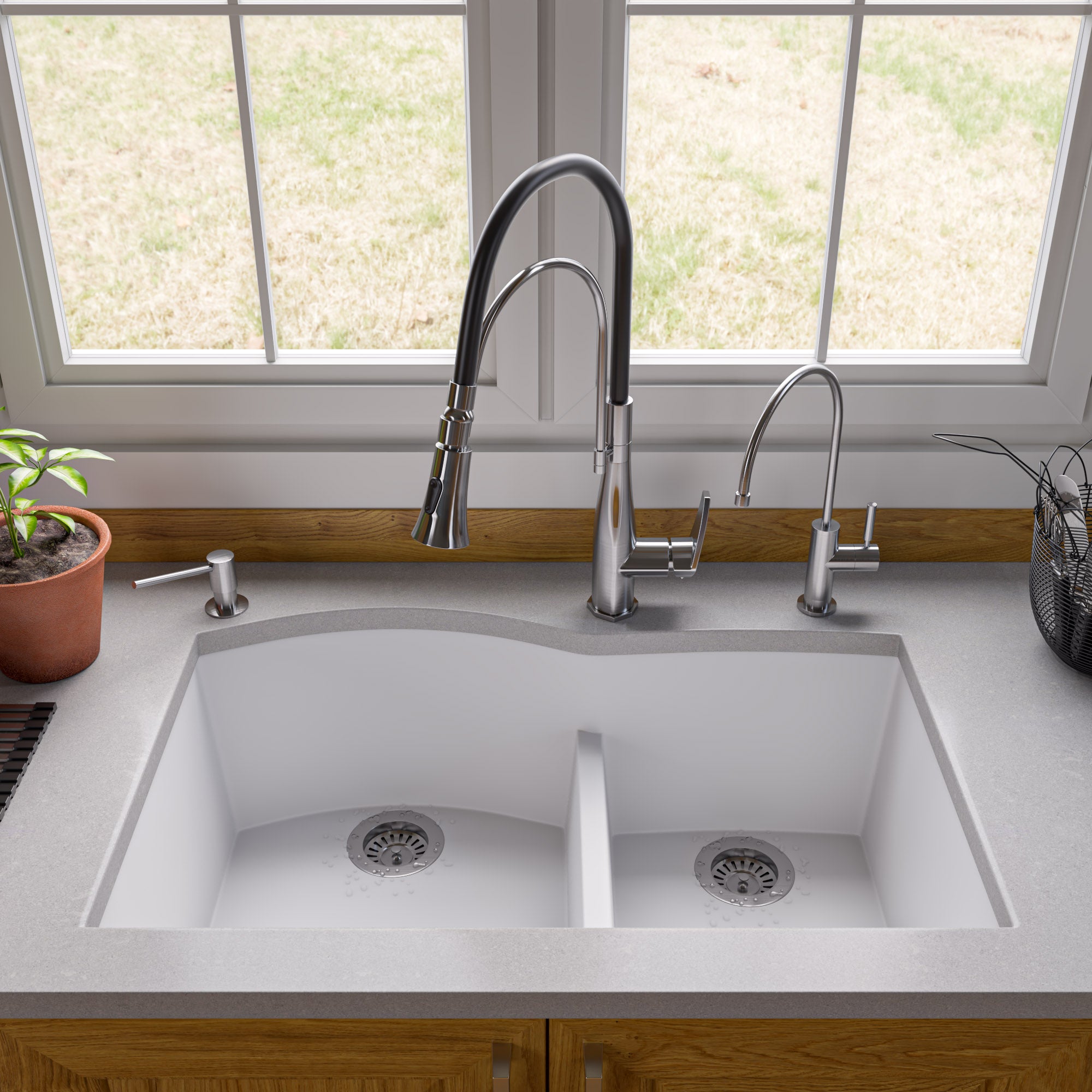 ALFI White 33" Double Bowl Undermount Granite Composite Kitchen Sink, AB3320UM-W