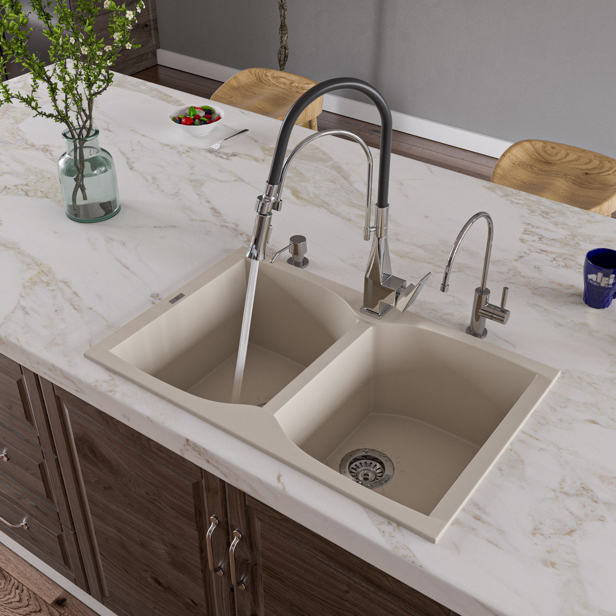 ALFI Biscuit 32" Drop-In Double Bowl Granite Composite Kitchen Sink, AB3220DI-B