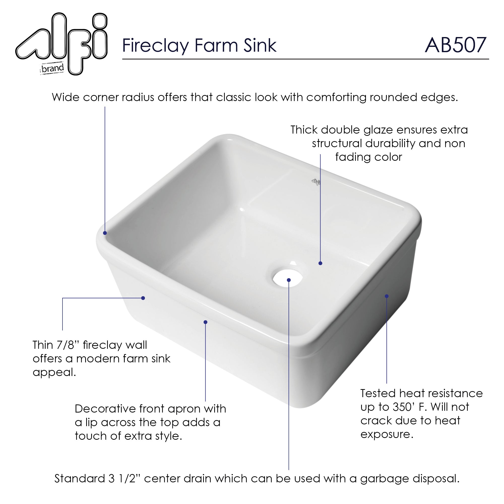 Alternate Image for ALFI brand 20" Single Bowl Apron Fireclay Farmhouse Kitchen Sink, White, AB507