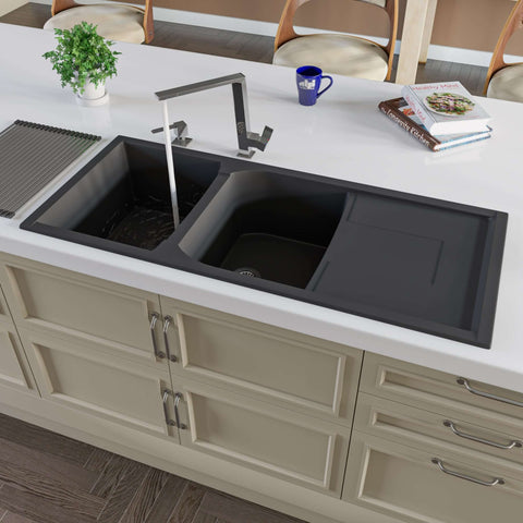 ALFI Black 46" Double Bowl Granite Composite Kitchen Sink with Drainboard, AB4620DI-BLA