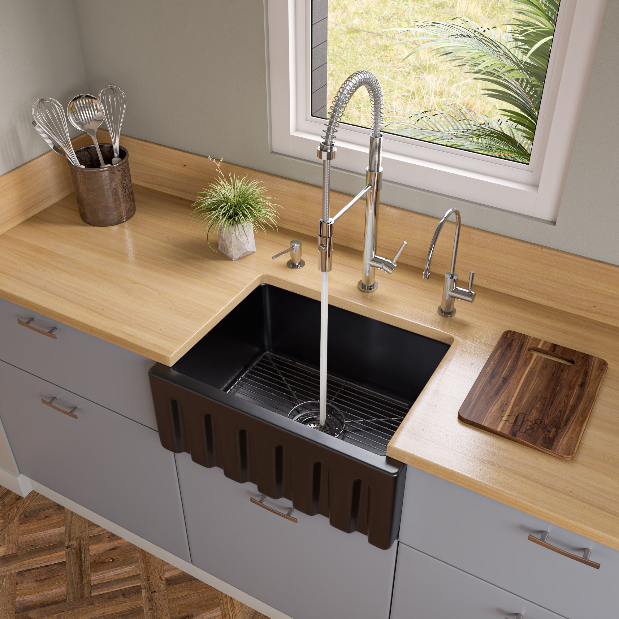 ALFI 24" Single Bowl Fireclay Farmhouse Apron Sink, Black Gloss, Reversible, AB2418HS-BG