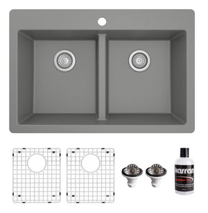 Alternate Image for Karran 33" Drop In/Topmount Quartz Composite Kitchen Sink Kit, 50/50 Double Bowl, Grey, QT-810-GR-PK1