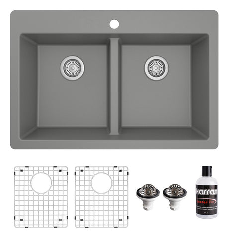 Karran 33" Drop In/Topmount Quartz Composite Kitchen Sink Kit, 50/50 Double Bowl, Grey, QT-810-GR-PK1