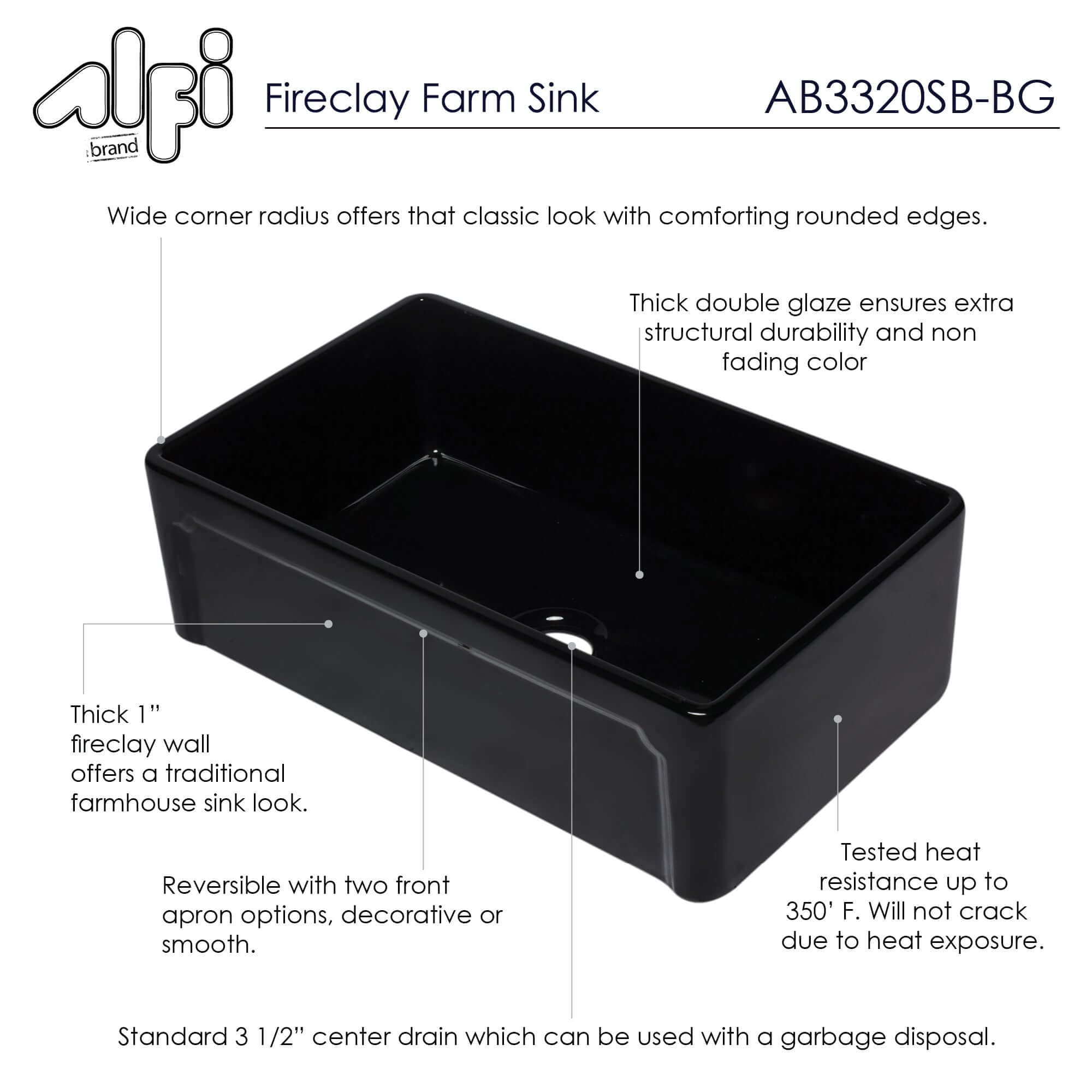 ALFI 33" Single Bowl Fireclay Farmhouse Apron Sink, Black Gloss, AB3320SB-BG - The Sink Boutique