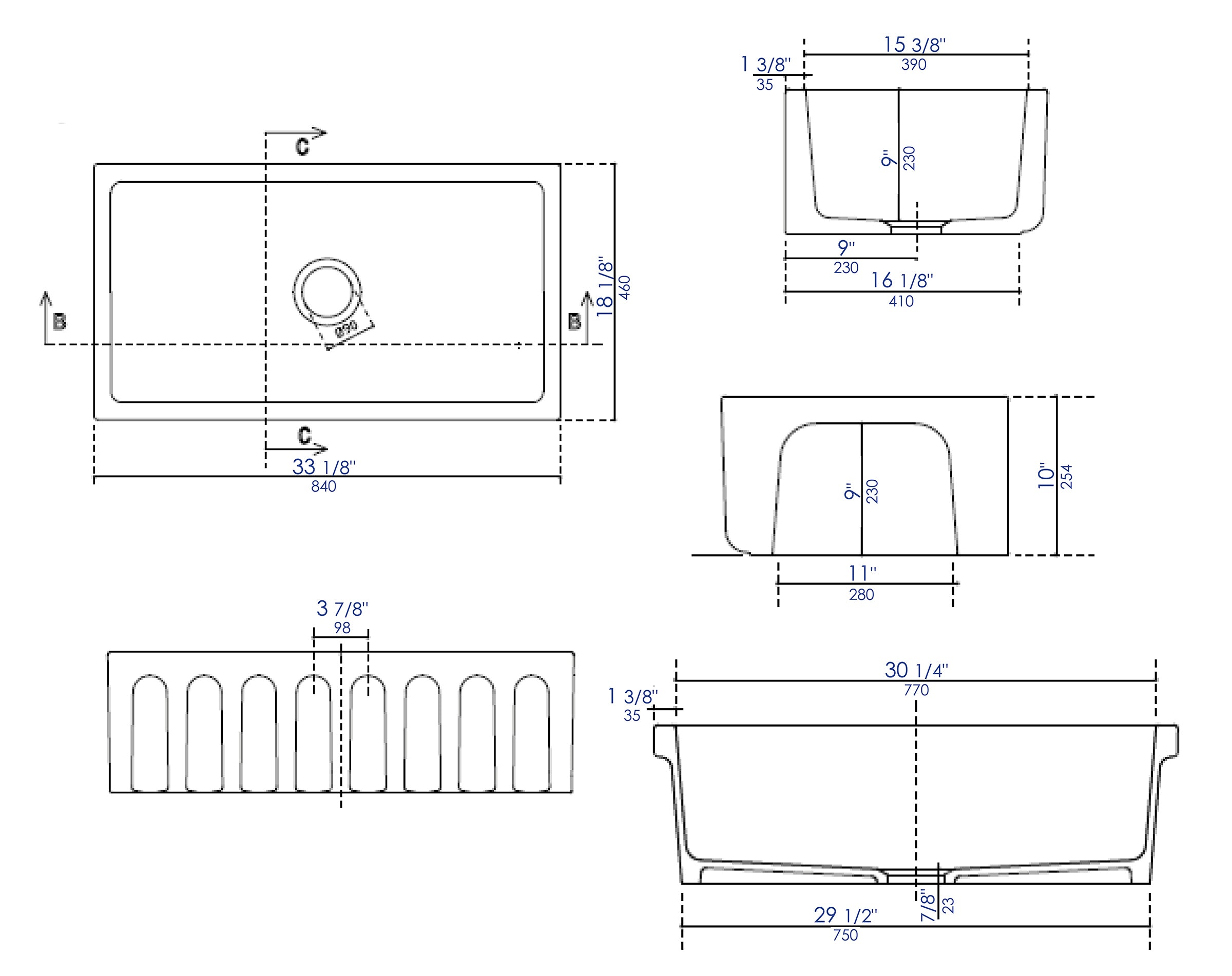 Alternate Image for ALFI 33" Fireclay Farmhouse Kitchen Sink, Single Bowl, Reversible, Biscuit, AB3318HS-B