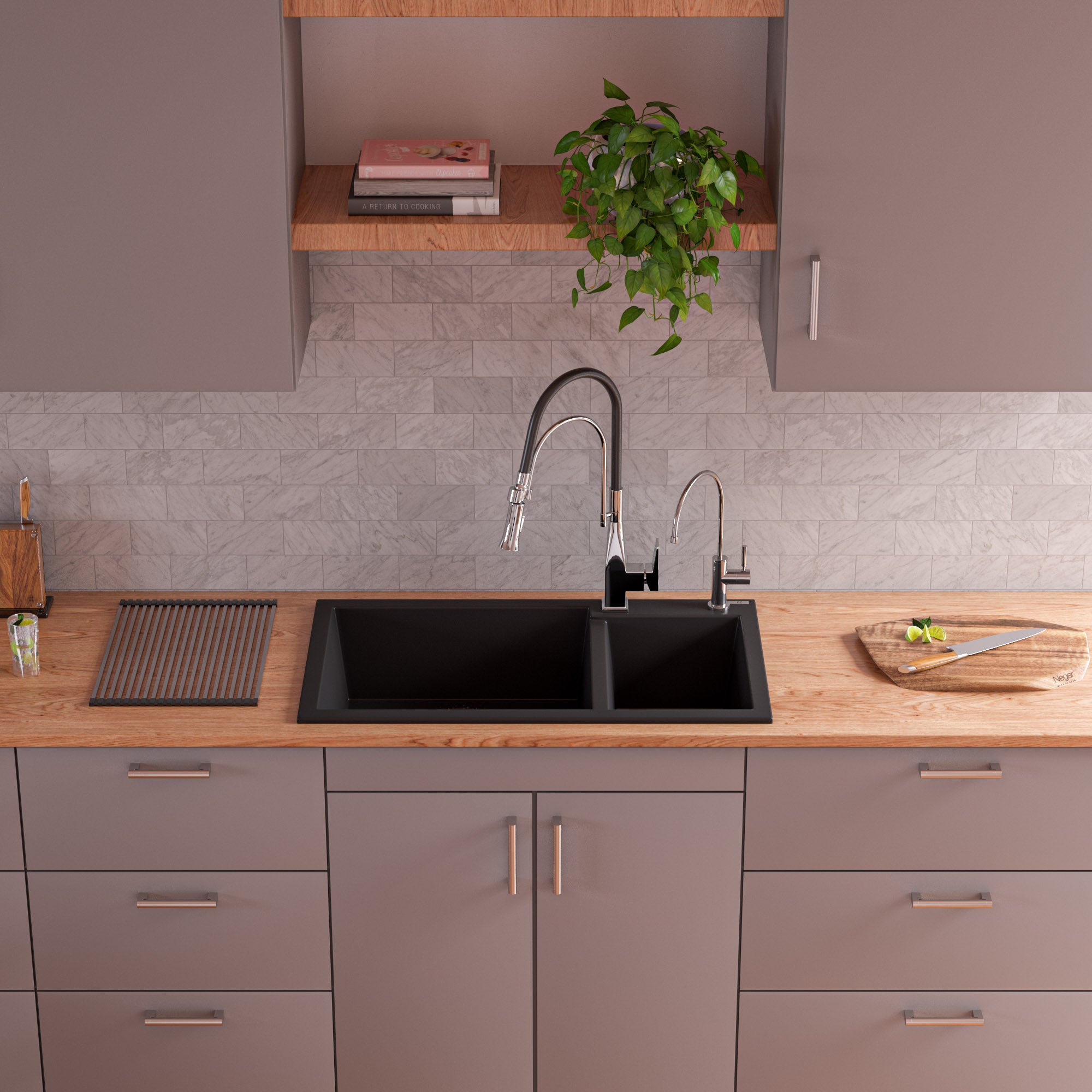 ALFI Black 34" Double Bowl Drop In Granite Composite Kitchen Sink, AB3319DI-BLA