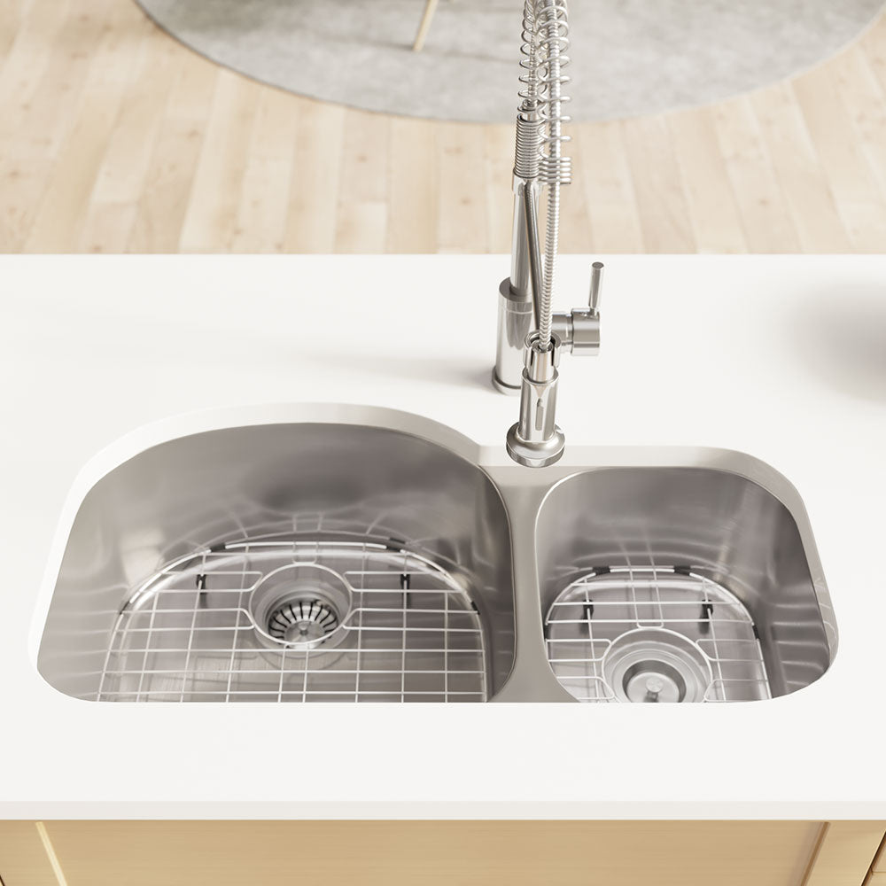Rene 32" Stainless Steel Kitchen Sink, 65/35 Double Bowl, 16 Gauge, R1-1002L-16 - The Sink Boutique