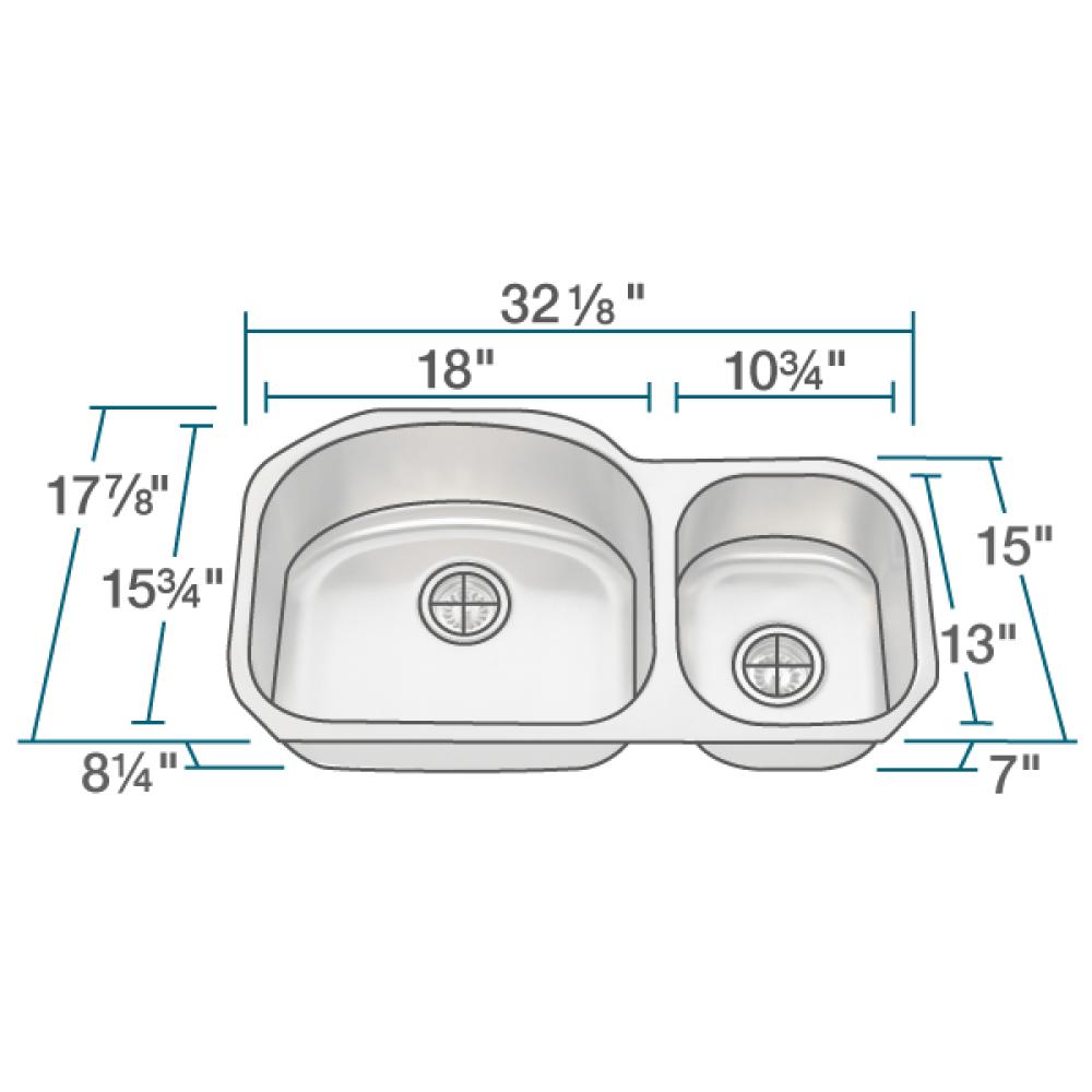 Rene 32" Stainless Steel Kitchen Sink, 65/35 Double Bowl, 16 Gauge, R1-1002L-16 - The Sink Boutique