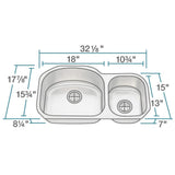 Rene 32" Stainless Steel Kitchen Sink, 65/35 Double Bowl, 16 Gauge, R1-1002L-16 - The Sink Boutique