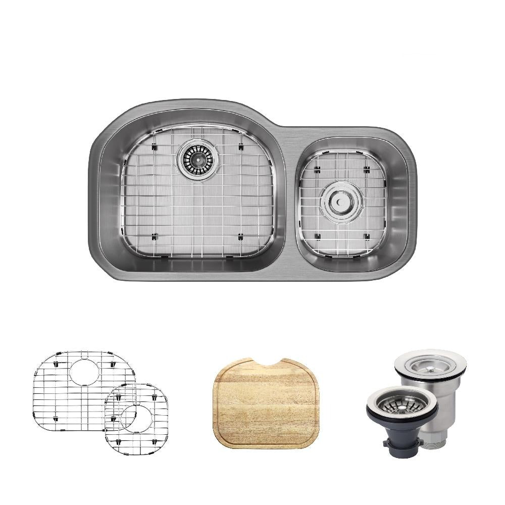 Rene 32" Stainless Steel Kitchen Sink, 65/35 Double Bowl, 18 Gauge, R1-1002L-18