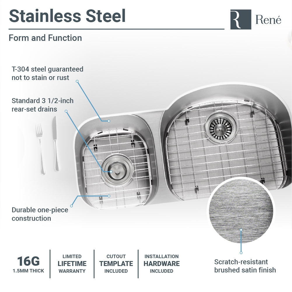 Rene 32" Stainless Steel Kitchen Sink, 35/65 Double Bowl, 16 Gauge, R1-1002R-16 - The Sink Boutique