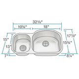 Rene 32" Stainless Steel Kitchen Sink, 35/65 Double Bowl, 16 Gauge, R1-1002R-16 - The Sink Boutique