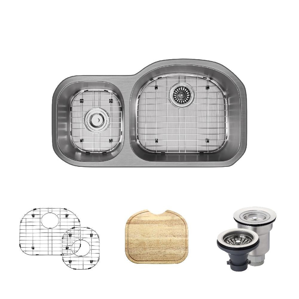 Rene 32" Stainless Steel Kitchen Sink, 35/65 Double Bowl, 18 Gauge, R1-1002R-18
