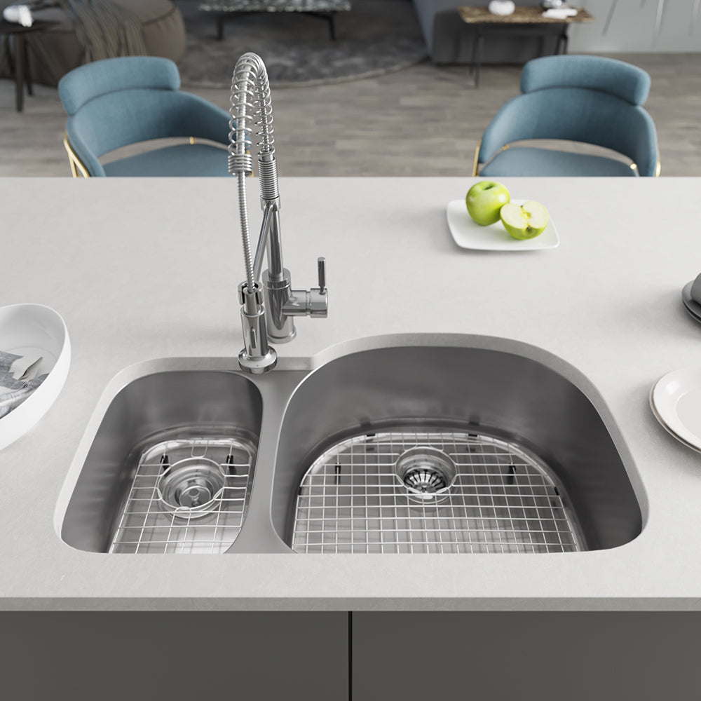 Rene 32" Stainless Steel Kitchen Sink, 35/65 Double Bowl, 18 Gauge, R1-1002R-18 - The Sink Boutique