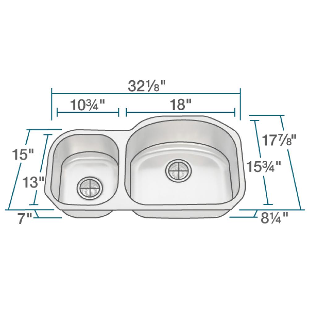 Rene 32" Stainless Steel Kitchen Sink, 35/65 Double Bowl, 18 Gauge, R1-1002R-18 - The Sink Boutique