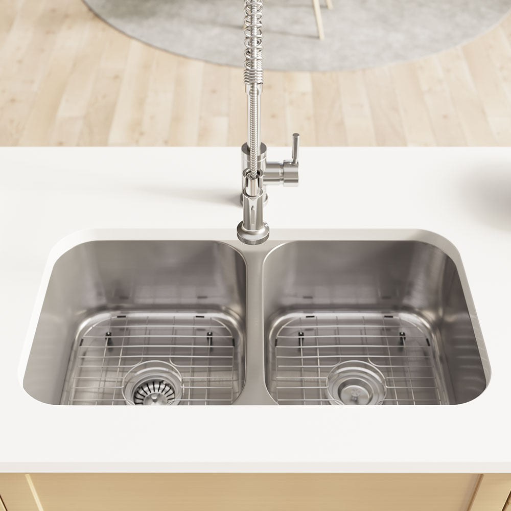 Rene 33" Stainless Steel Kitchen Sink, 50/50 Double Bowl, 18 Gauge, R1-1003-18 - The Sink Boutique