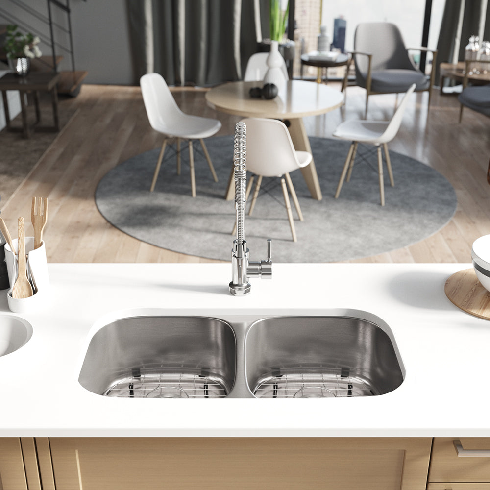 Rene 33" Stainless Steel Kitchen Sink, 50/50 Double Bowl, 18 Gauge, R1-1003-18 - The Sink Boutique